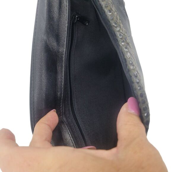 Vintage 80s Black Genuine Leather Snakeskin Embossed Crossbody Bag Formal Glam - Picture 4 of 11